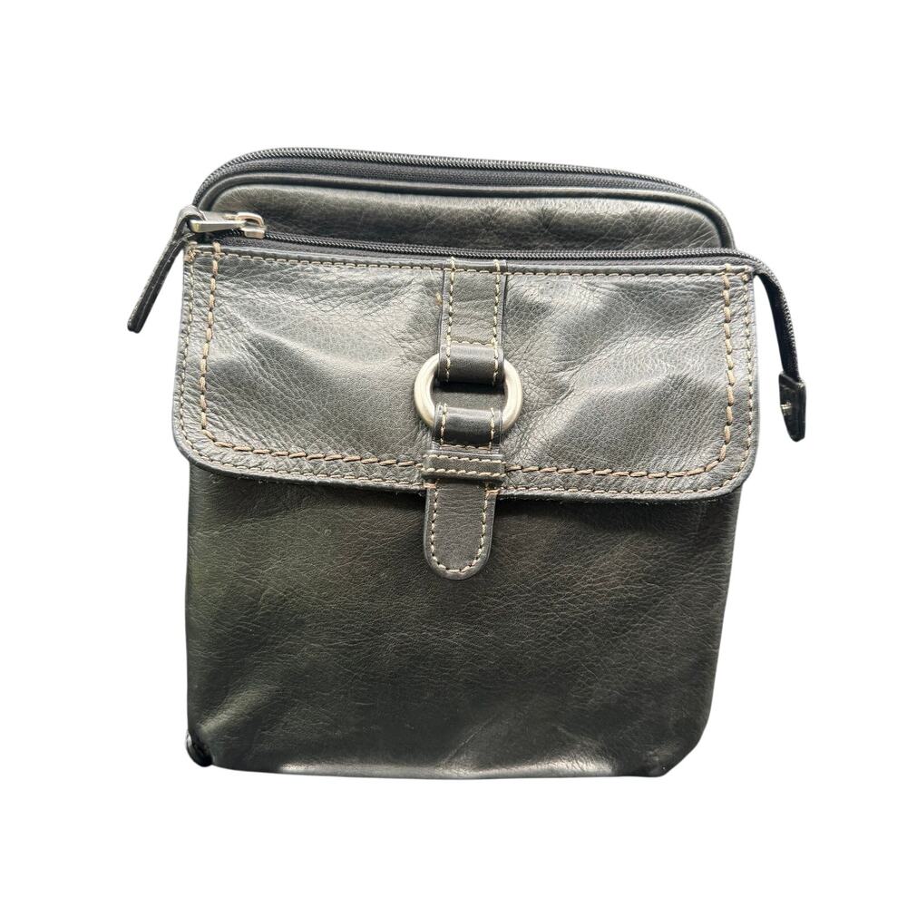 Fossil Black Leather Organizer Crossbody Bag Multi Pocket Vintage Y2K